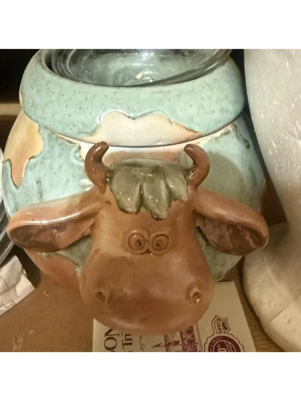Adorable Cow Bull Green Glaze Pottery Planter